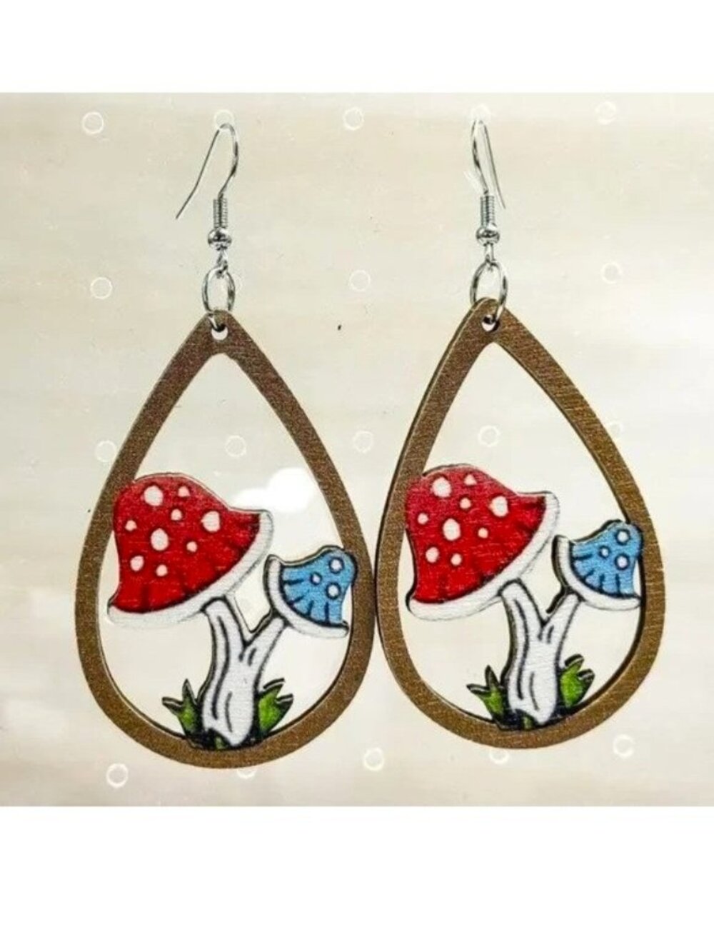 Earrings Mushroom Groovy wooden 🍄 tear drop Retro Hippie Boho Wonderland Trippy
